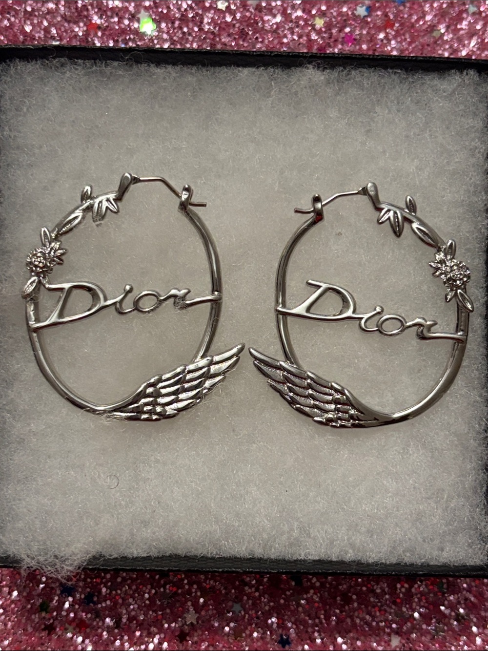 Dior Inspired Silver Script Hoop Earrings with Wing Detail